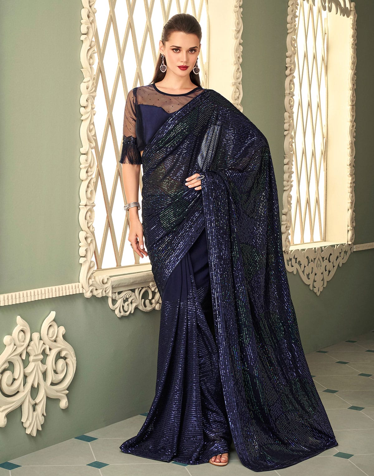 Navy Blue Georgette Fabric with Sequence Work Saree