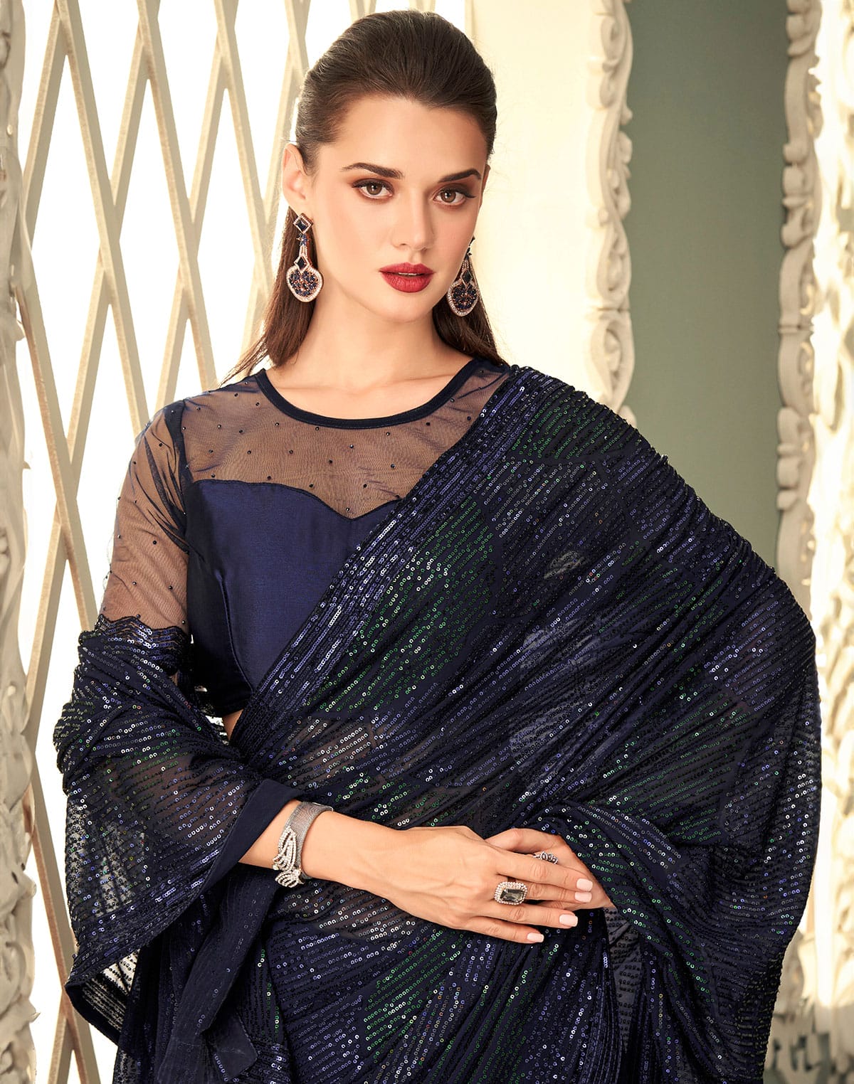 Navy Blue Georgette Fabric with Sequence Work Saree