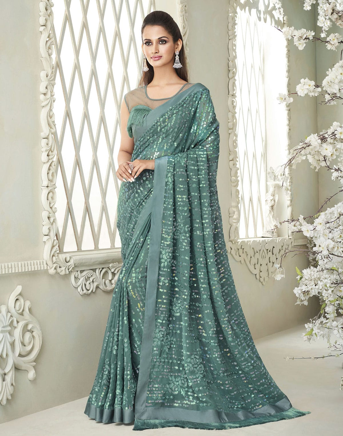 Light Green Soft Georgette Sequence work Saree