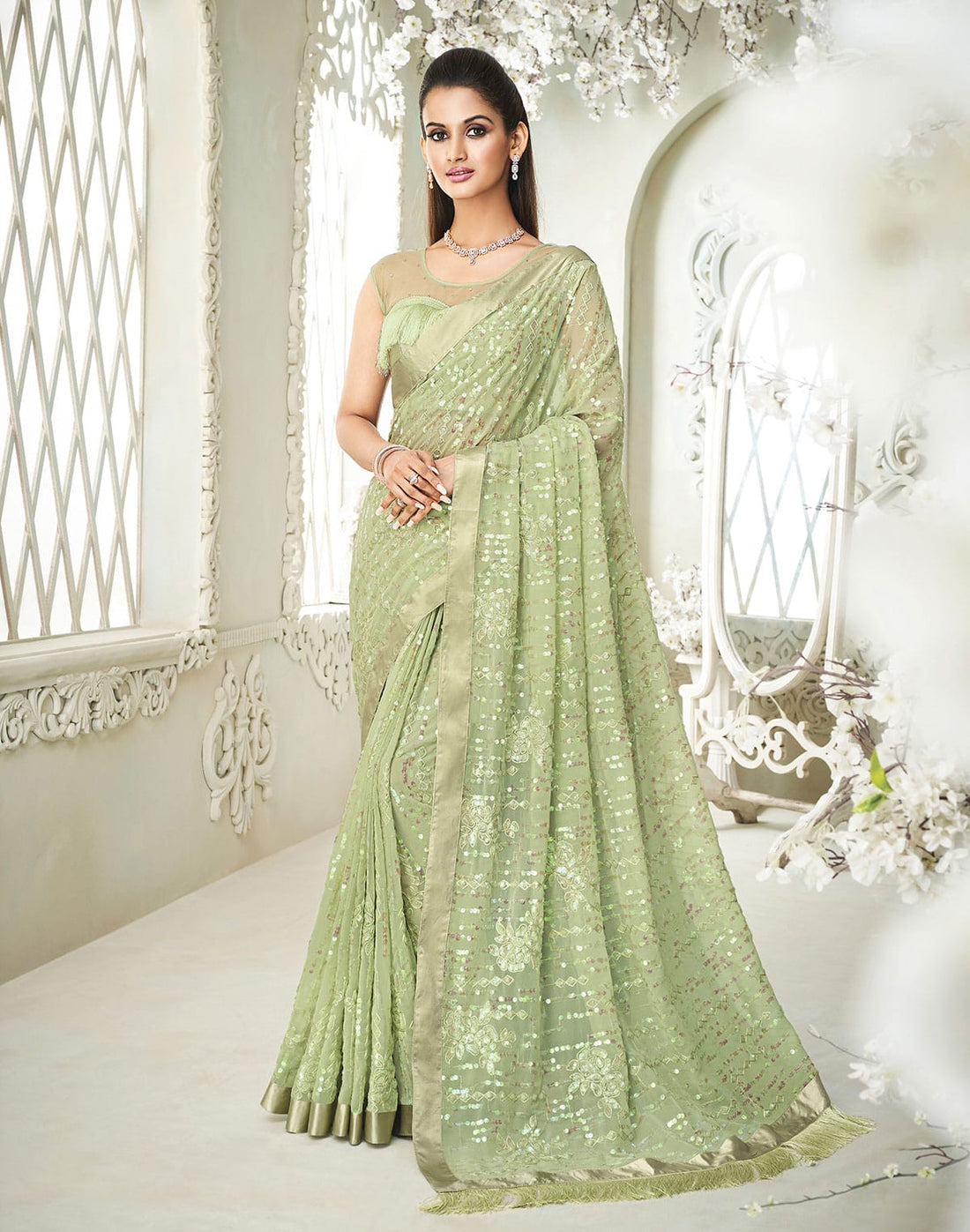 Light Pista Green Soft Georgette with Embroidery Sequence work Saree