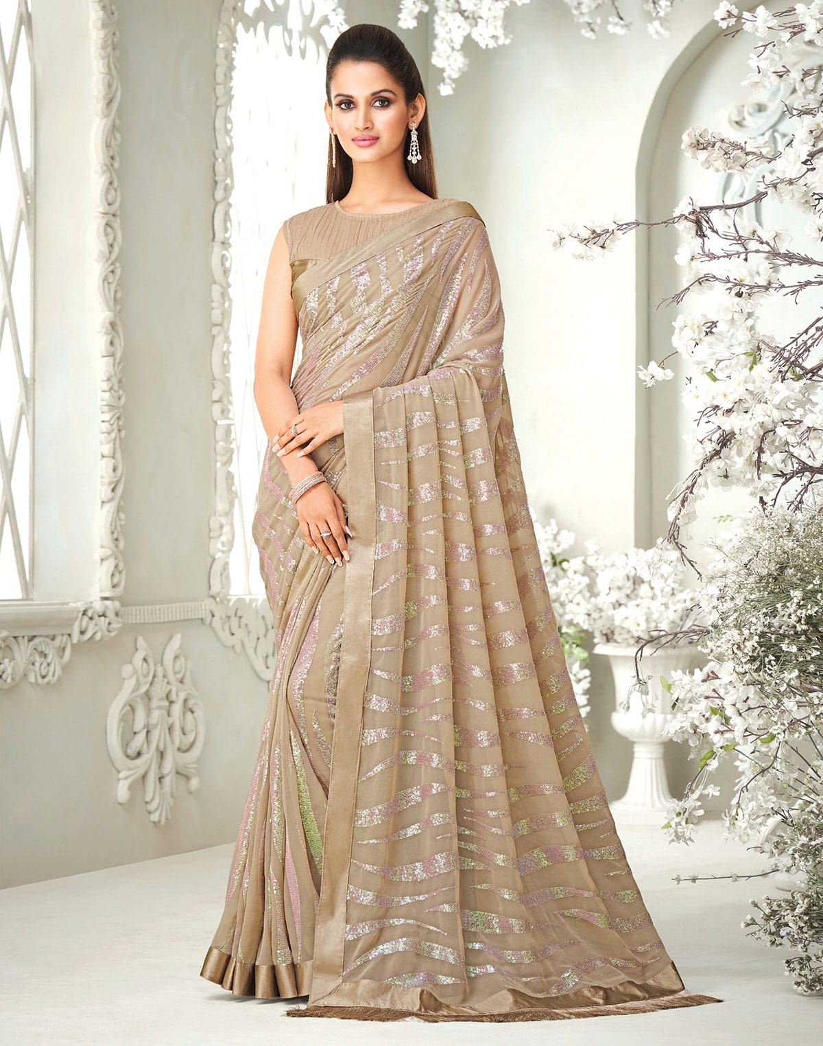 Sequence work Soft Georgette Light Brown Saree