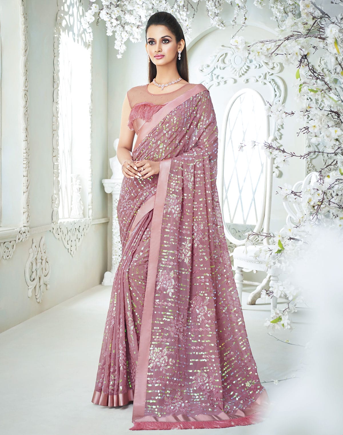 Light Pink all over Sequence work Soft Georgette Saree