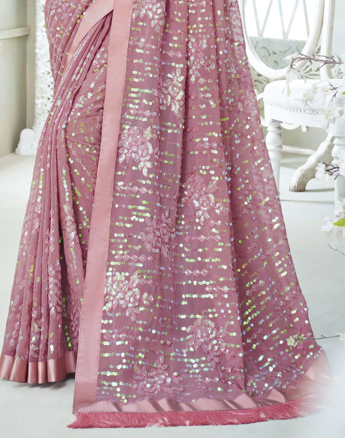 Light Pink all over Sequence work Soft Georgette Saree