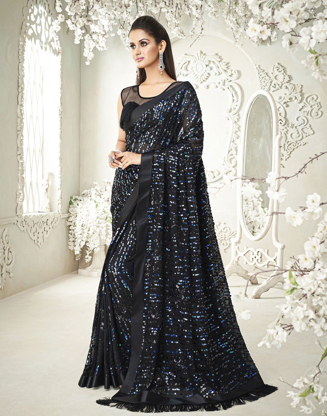 Black Heavy Sequence work Soft Georgette Saree