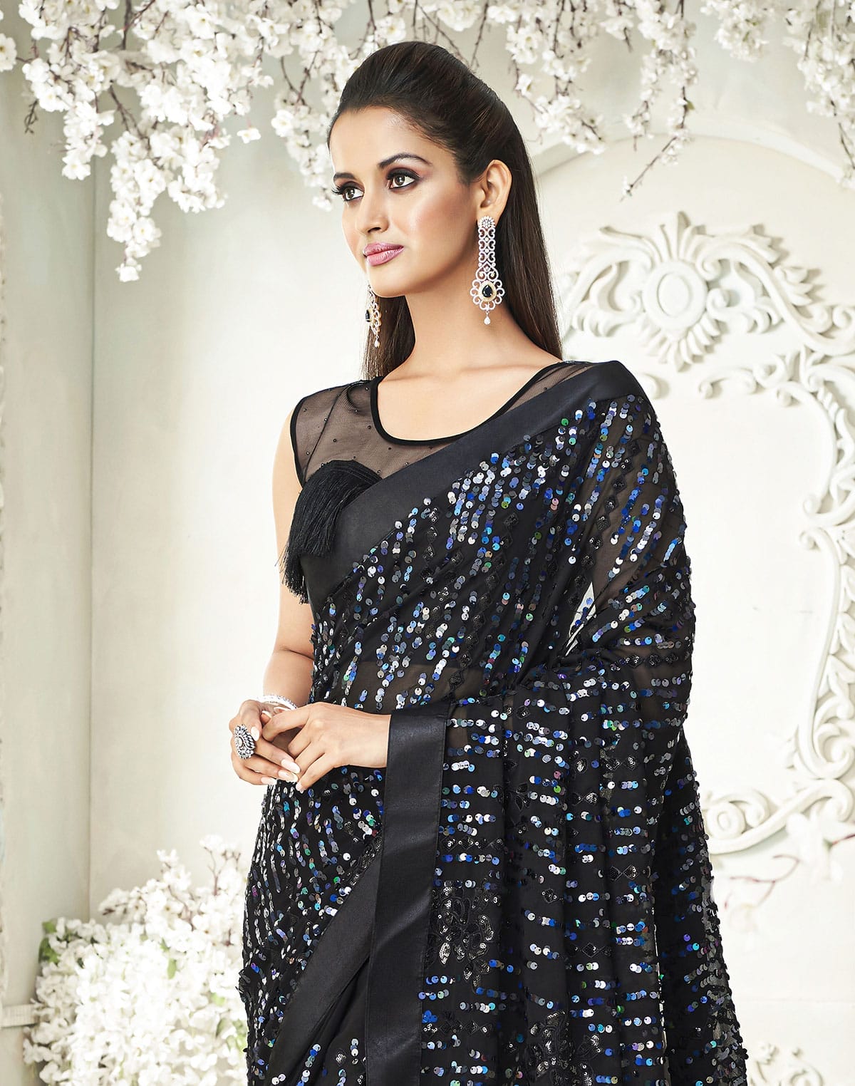 Black Heavy Sequence work Soft Georgette Saree