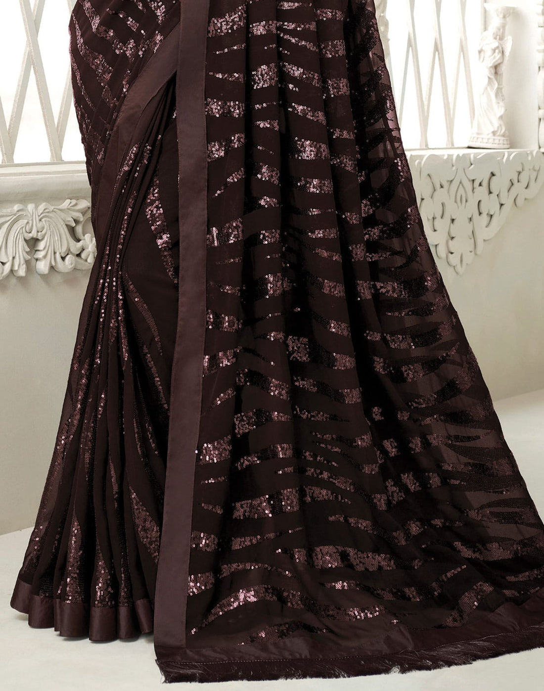 Dark Brown Sequence work Soft Georgette Saree