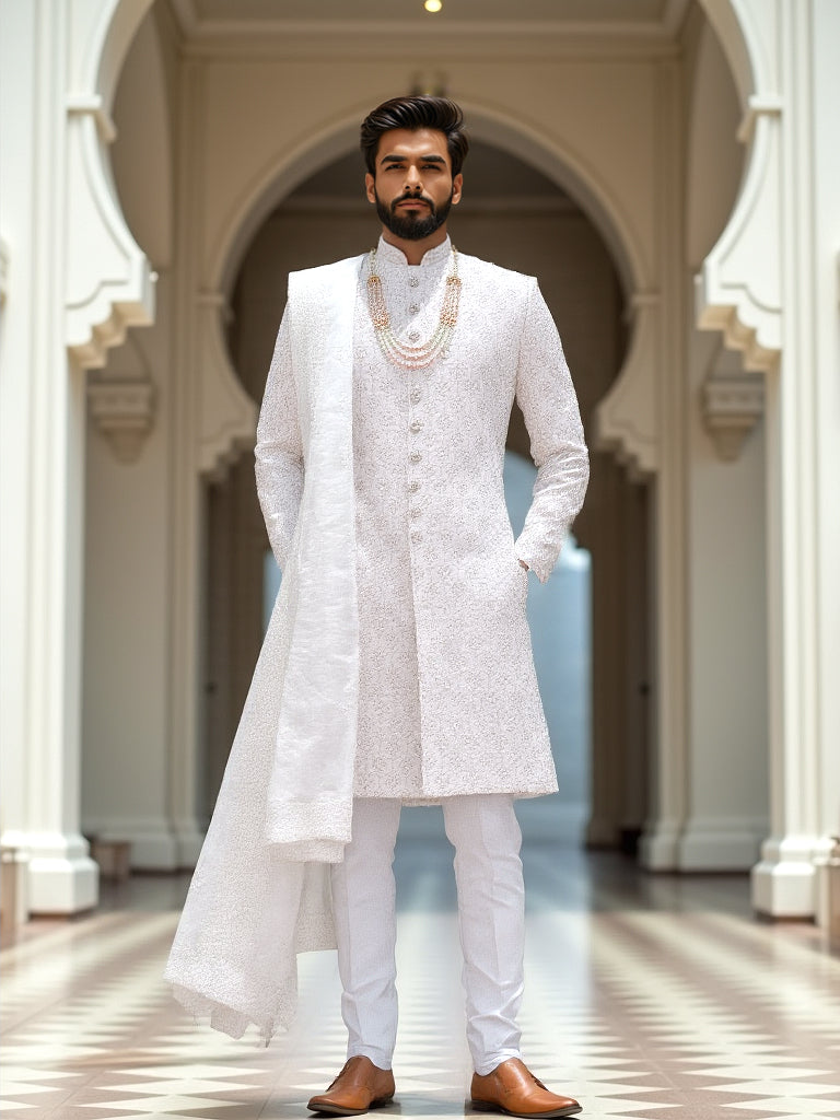 Light Cream Heavy Stones with Pearls work Self Patterned Raw Silk Sherwani Stylish Dupatta