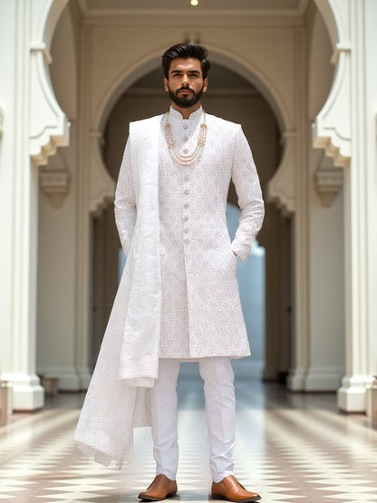 Light Cream Heavy Stones with Pearls work Self Patterned Raw Silk Sherwani Stylish Dupatta