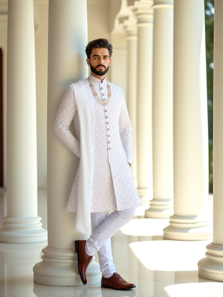 Light Cream Heavy Stones with Pearls work Self Patterned Raw Silk Sherwani Stylish Dupatta