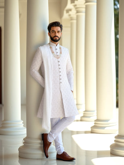 Light Cream Heavy Stones with Pearls work Self Patterned Raw Silk Sherwani Stylish Dupatta