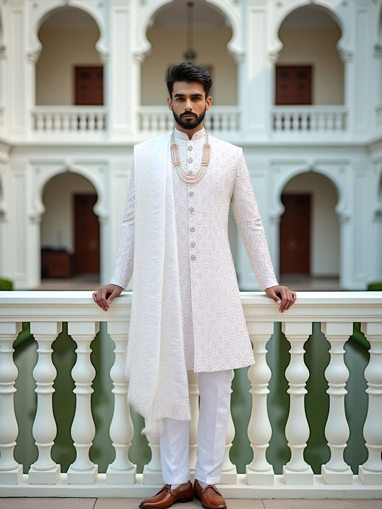 Light Cream Heavy Stones with Pearls work Self Patterned Raw Silk Sherwani Stylish Dupatta