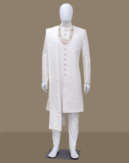Light Cream Heavy Stones with Pearls work Self Patterned Raw Silk Sherwani Stylish Dupatta