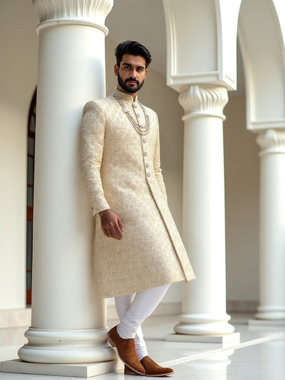 Gold All Over Rich Zardosi with Stones work Tussar Fabric Sherwani
