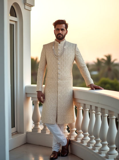 Gold All Over Rich Zardosi with Stones work Tussar Fabric Sherwani
