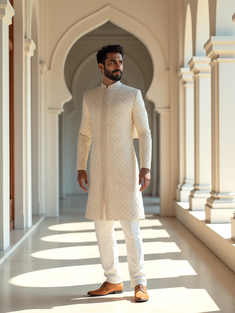 Cream Floral Multi Thread Embroidery with Stones work Milky Silk Sherwani