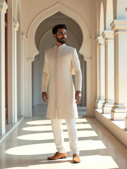 Cream Floral Multi Thread Embroidery with Stones work Milky Silk Sherwani