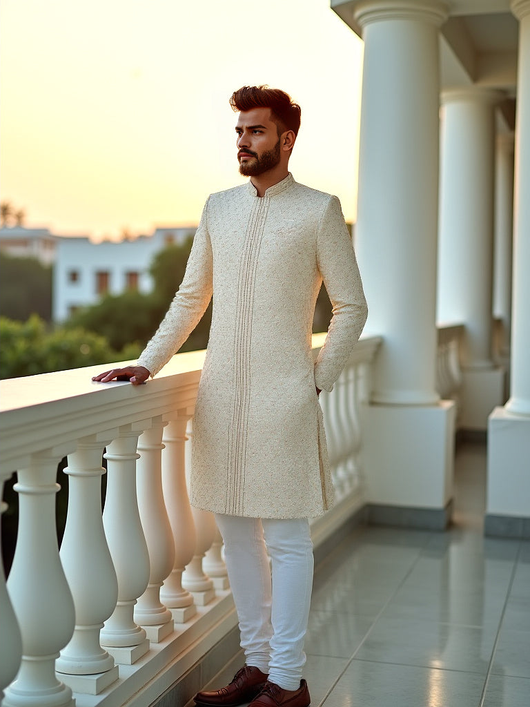Cream Floral Multi Thread Embroidery with Stones work Milky Silk Sherwani