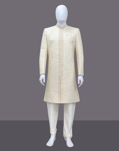 Cream Floral Multi Thread Embroidery with Stones work Milky Silk Sherwani