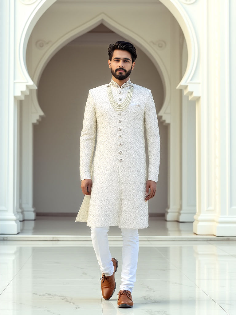 White Floral Thread work Georgette Sherwani