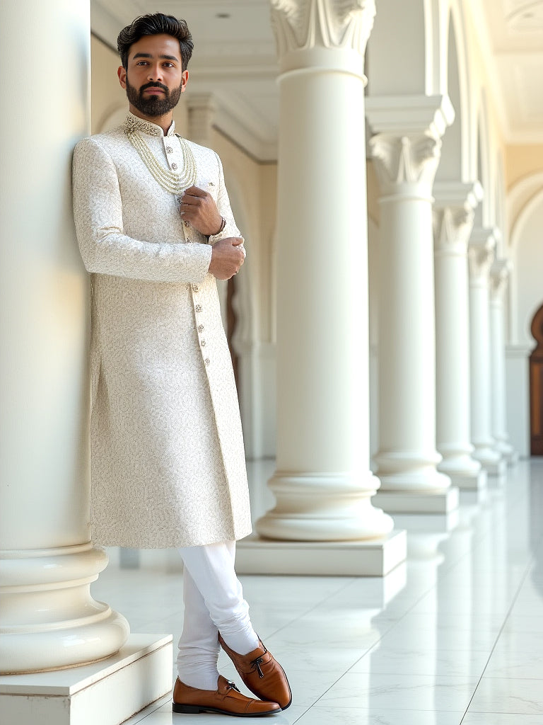 White Floral Thread work Georgette Sherwani