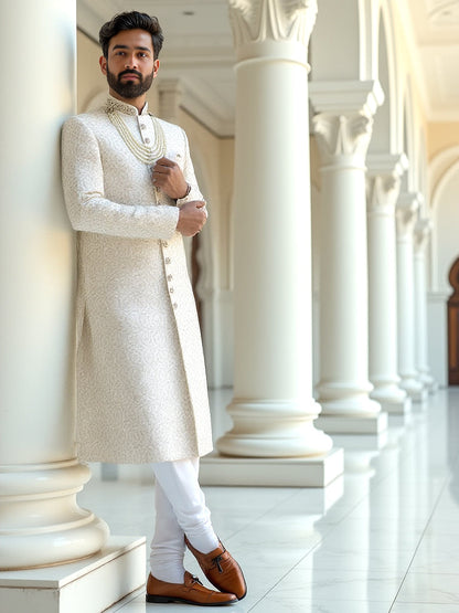 White Floral Thread work Georgette Sherwani