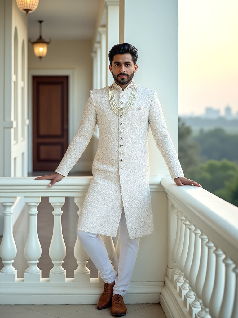 White Floral Thread work Georgette Sherwani