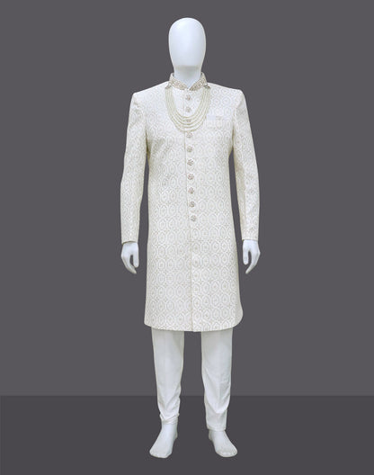 White Floral Thread work Georgette Sherwani