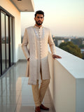 Antique Gold Zari and Stones work Tussar Sherwani with Dupatta