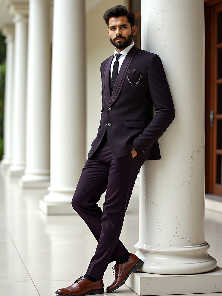 Maroon Solid Polyester Terylene 5 Pc Designer Suit