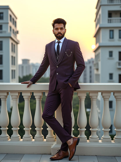 Maroon Solid Polyester Terylene 5 Pc Designer Suit