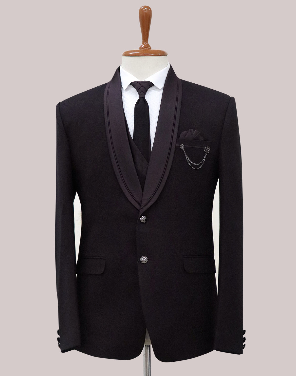 Maroon Solid Polyester Terylene 5 Pc Designer Suit