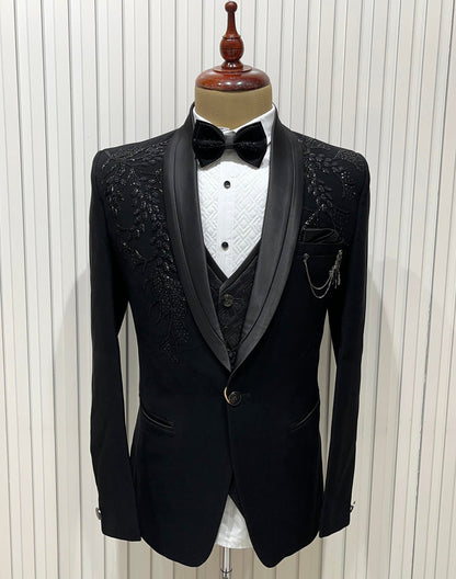 Black Polynosic Elegant Cutdana work 5 Pc Designer Suit