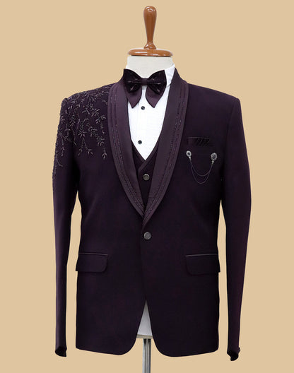 Solid Wine Polynosic Stones with Beads work Tuxido Suit