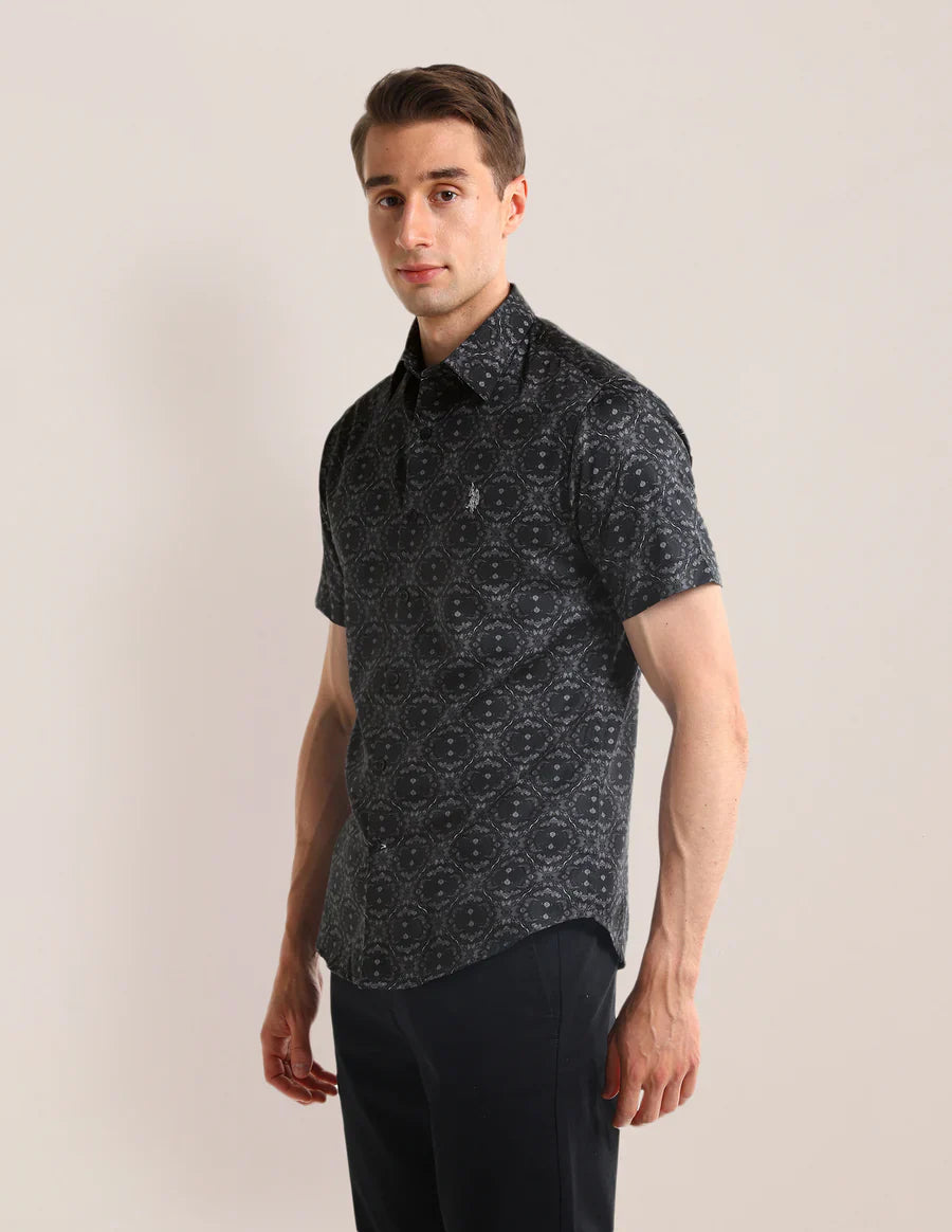 Black Floral Printed Tailored Fit Cotton Satin Shirt