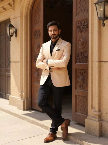 Fawn Polyester Terry Cotton Stripes Blazer