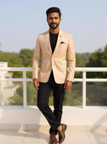 Fawn Polyester Terry Cotton Stripes Blazer