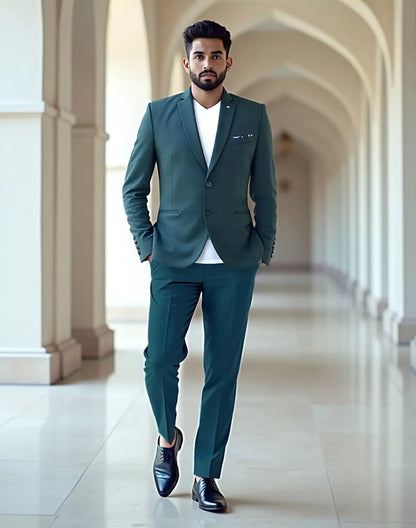 Green Classic Textured Polyester Viscose Blazer