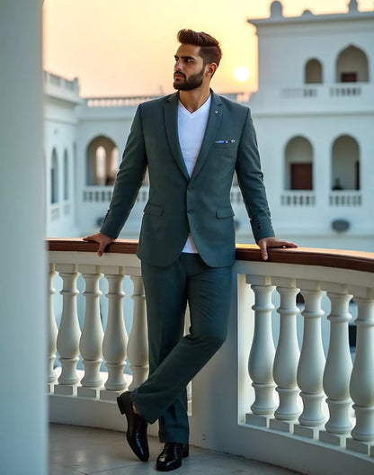 Green Classic Textured Polyester Viscose Blazer