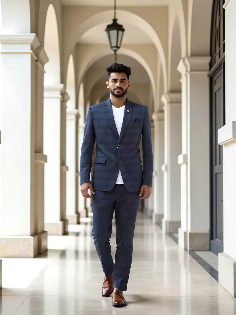 Dark Grey Self Checks Suede and Giza Cotton Blazer