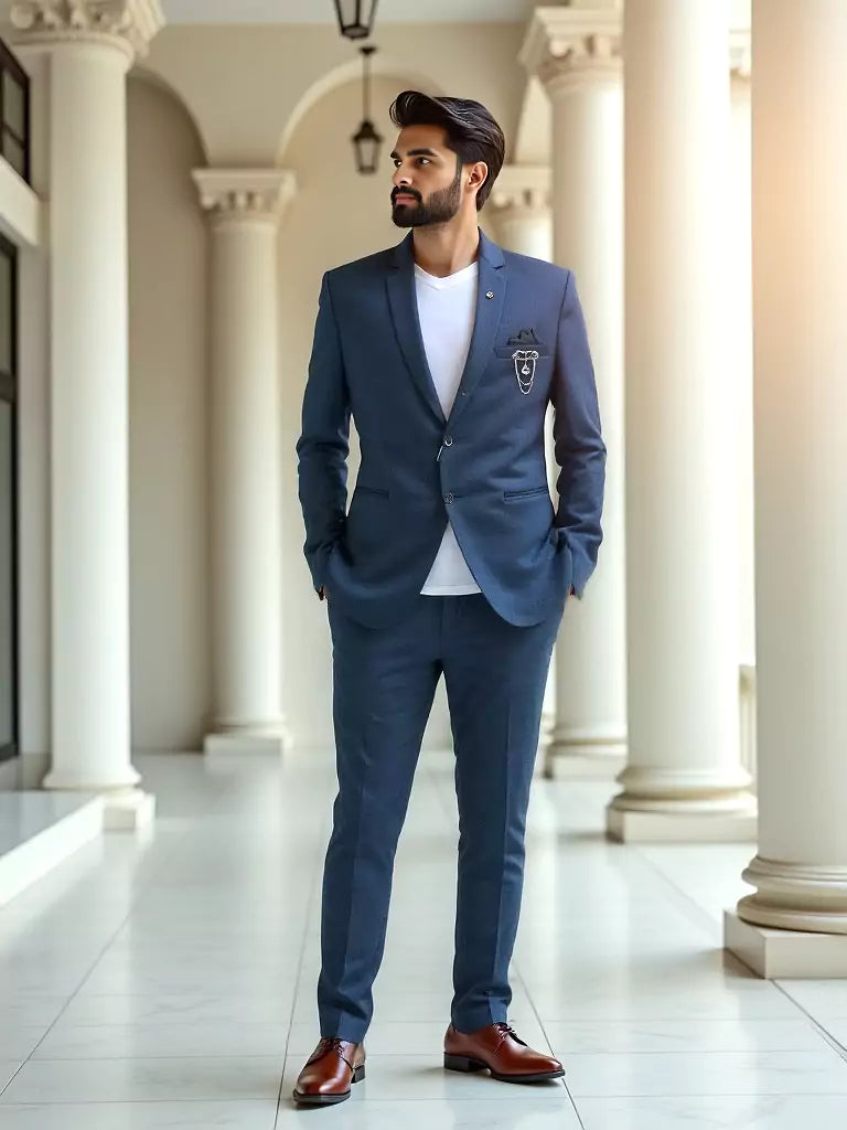 Royal Blue Self Checks Suede and Giza Cotton Blazer