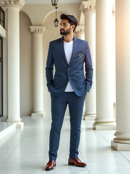 Royal Blue Self Checks Suede and Giza Cotton Blazer