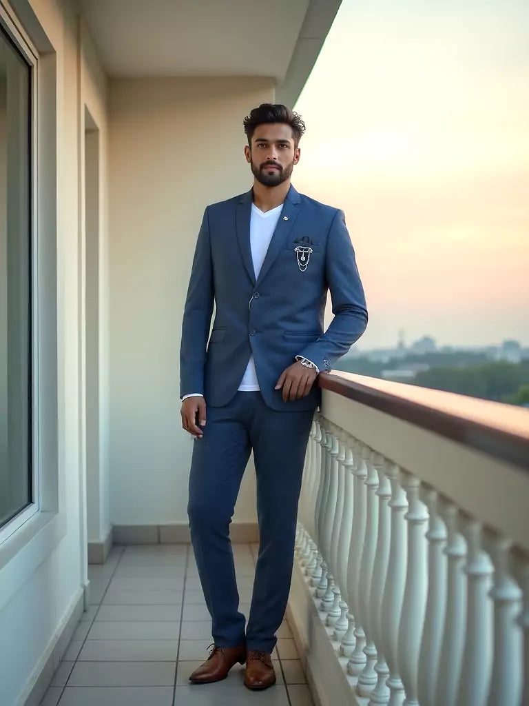 Royal Blue Self Checks Suede and Giza Cotton Blazer