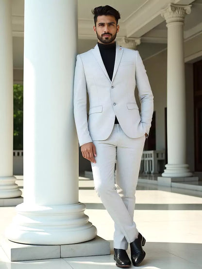 Grey Self Textured Polyester Viscose Blend Blazer