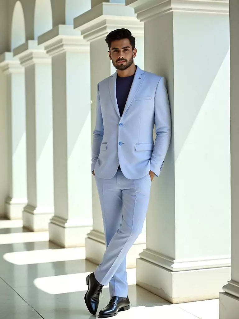 Self Textured Sky Blue Polyester Viscose Blazer