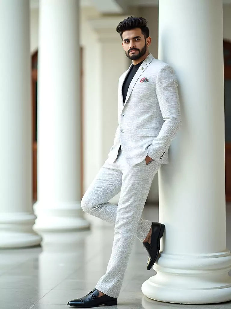 White Checks Patterned Suede and Giza Cotton Blazer