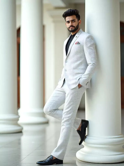 White Checks Patterned Suede and Giza Cotton Blazer