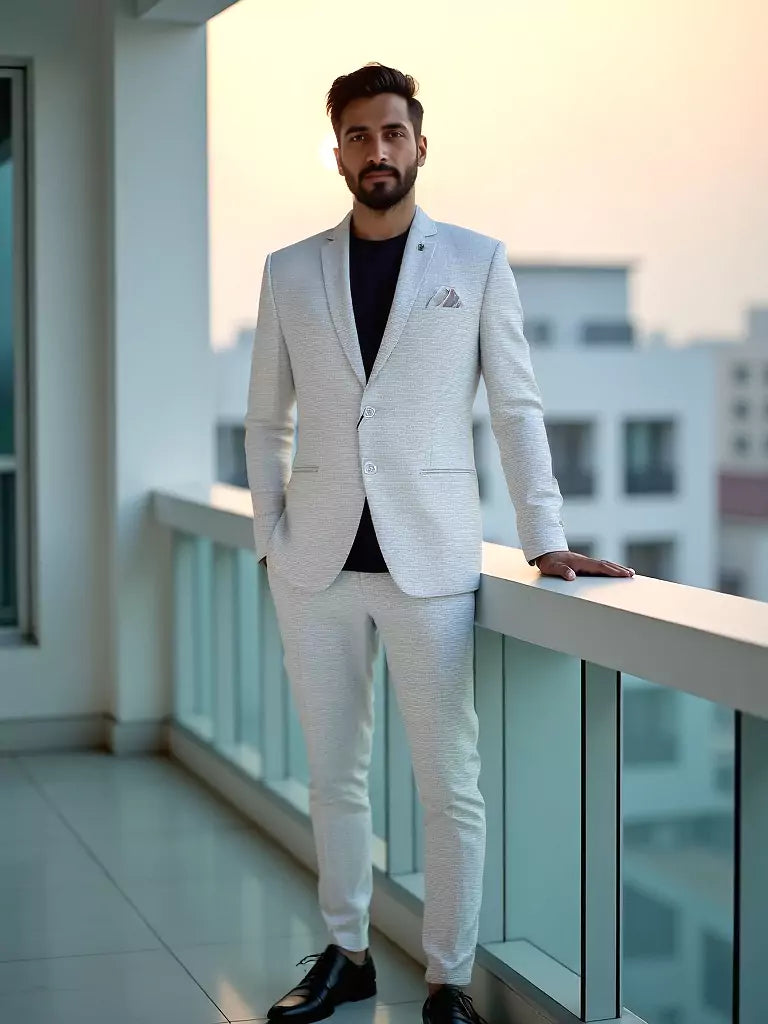 White Checks Patterned Suede and Giza Cotton Blazer