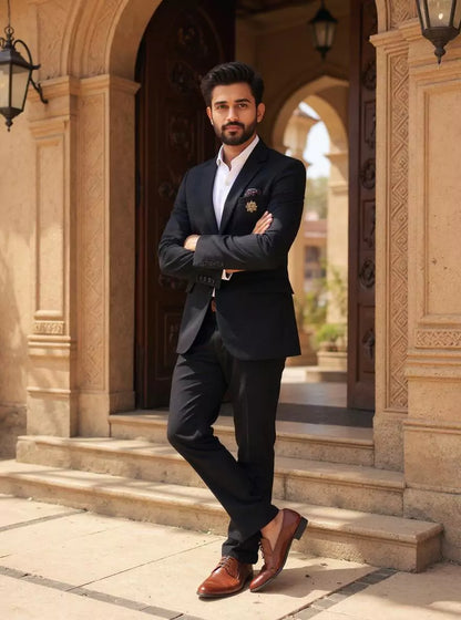 Black Chevron Patterned Lycra Stretchable Giza Cotton Blazer