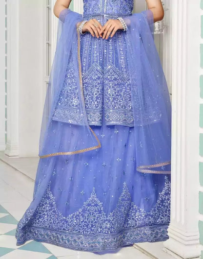 Beautiful Purple Coloured Floral Netted Embellished work Crop Top and Lehenga Set