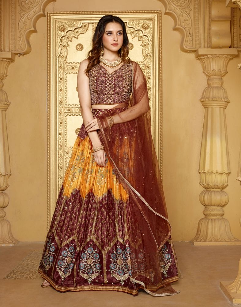 Beautiful Brown Coloured Floral Crepe Beads work Crop Top and Lehenga Set